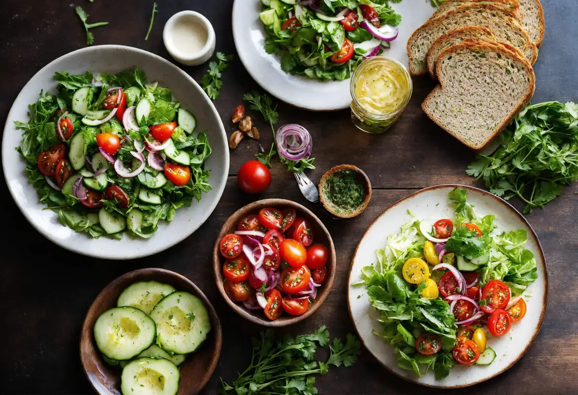 Variety of salads including green and cucumber red onion salad with a BLT.